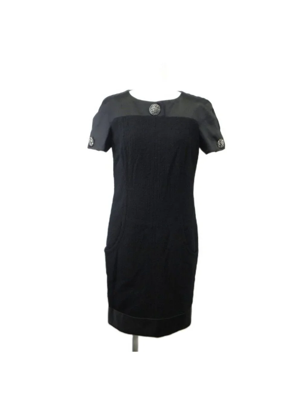 Chanel Dress Tweed Wool Bijou 36 Black Knee Length Short Sleeve PP